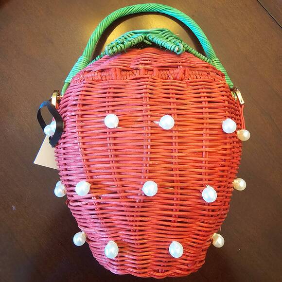 Kate Spade, Target Pearl Embellished Strawberry Basket Bucket Bag Purse Red Tote - Picture 3 of 11